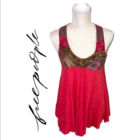 Free People Embroidered & Embellished Magenta Pink Swing Tunic Tank - Picture 1 of 13